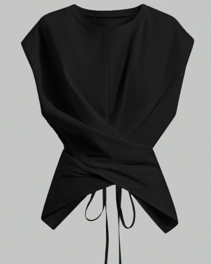 Casual Asymmetrical Criss Cross Back Tie Top For Women's Knitted Round Neck Drop Shoulder Sleeve T-Shirt