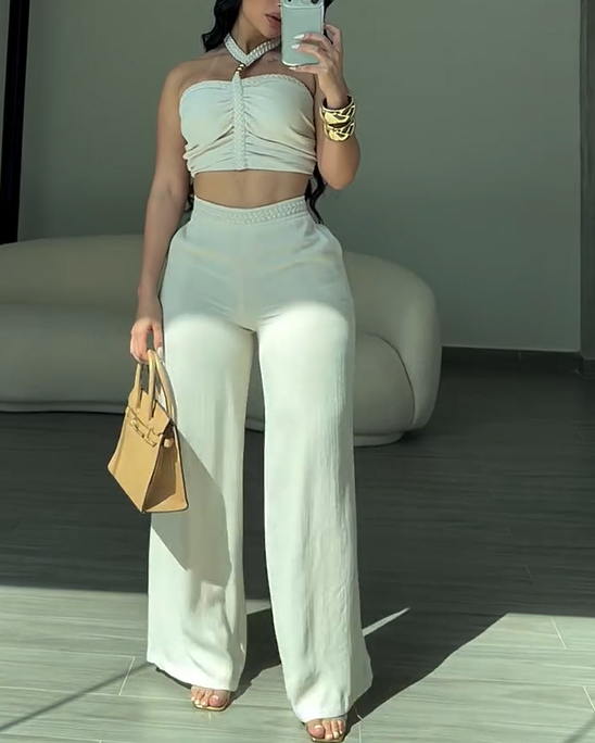 2 Piece Braided Trim Two Piece Outfit with Flared Trousers