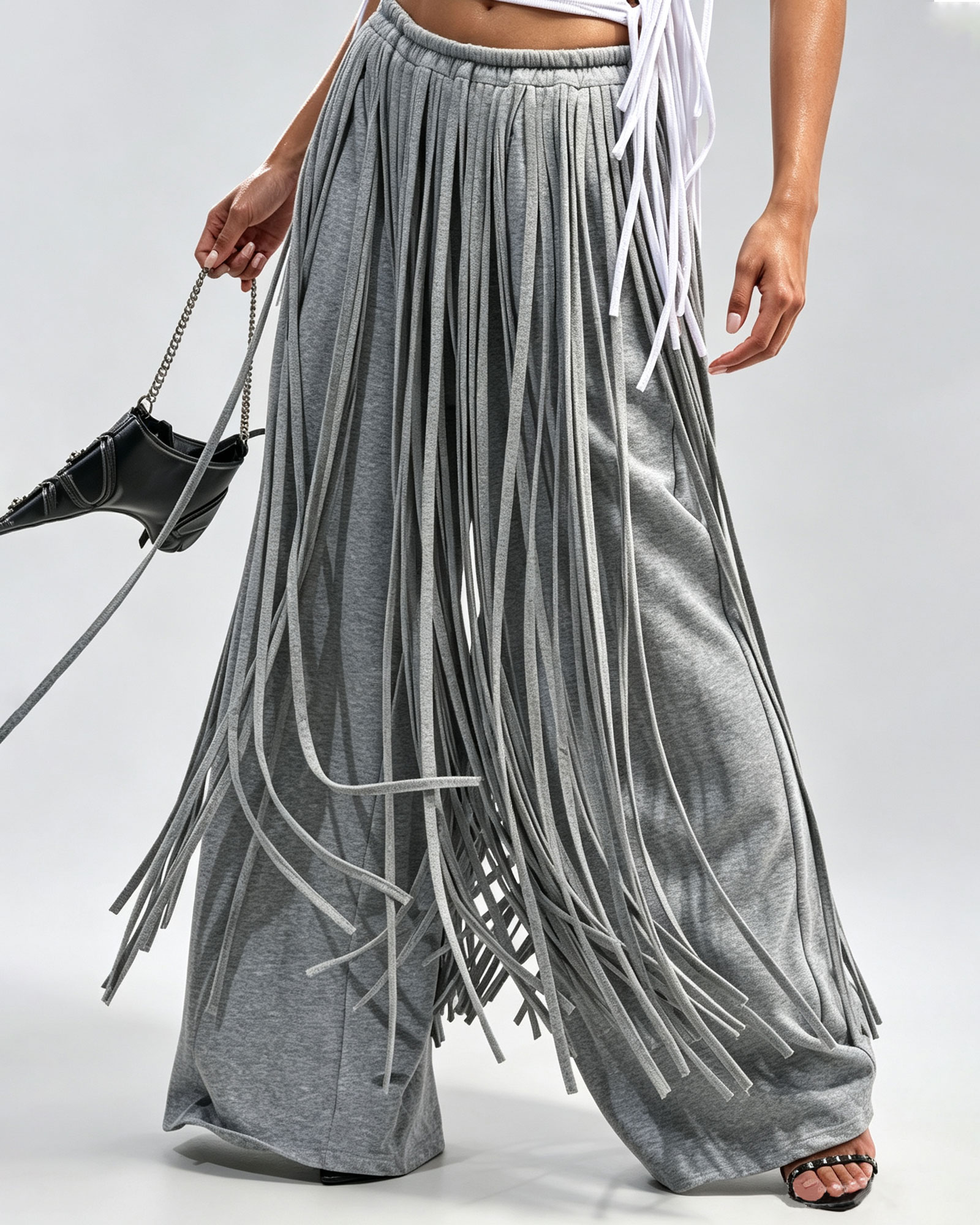 Elastic Waist Heavy Duty Long Tassel Wide Leg Trousers