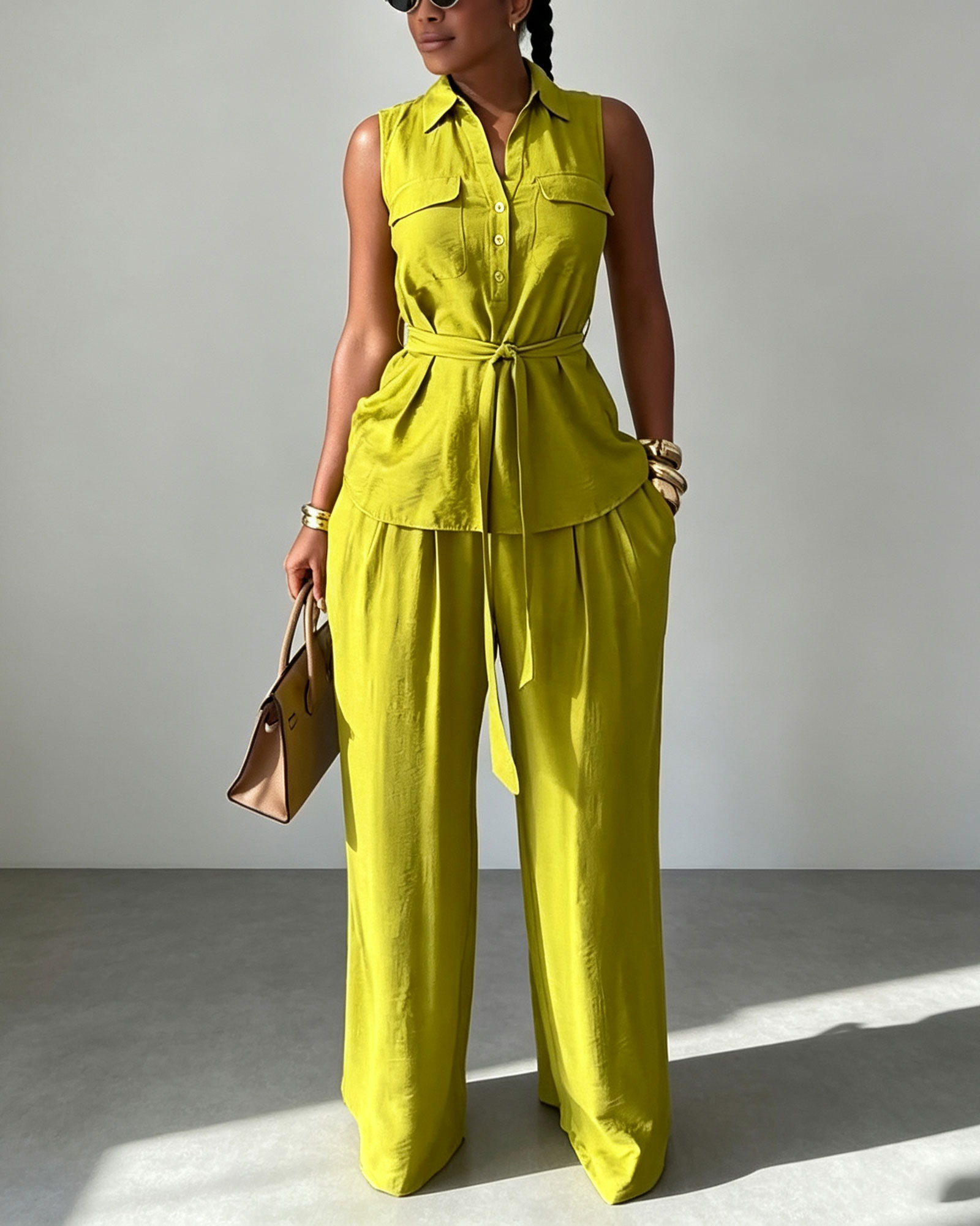 Sleeveless Button Front Top With A Collarless Stand-Up Neck And High-Waisted Wide-Leg Trousers Set