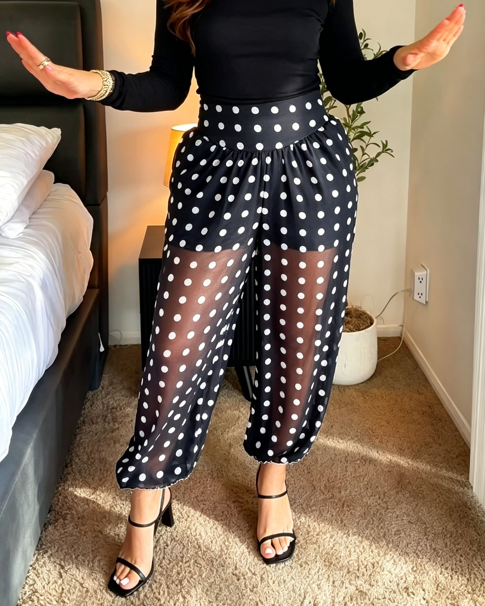 Polka Dot Sheer Mesh High Waisted Harem Pants