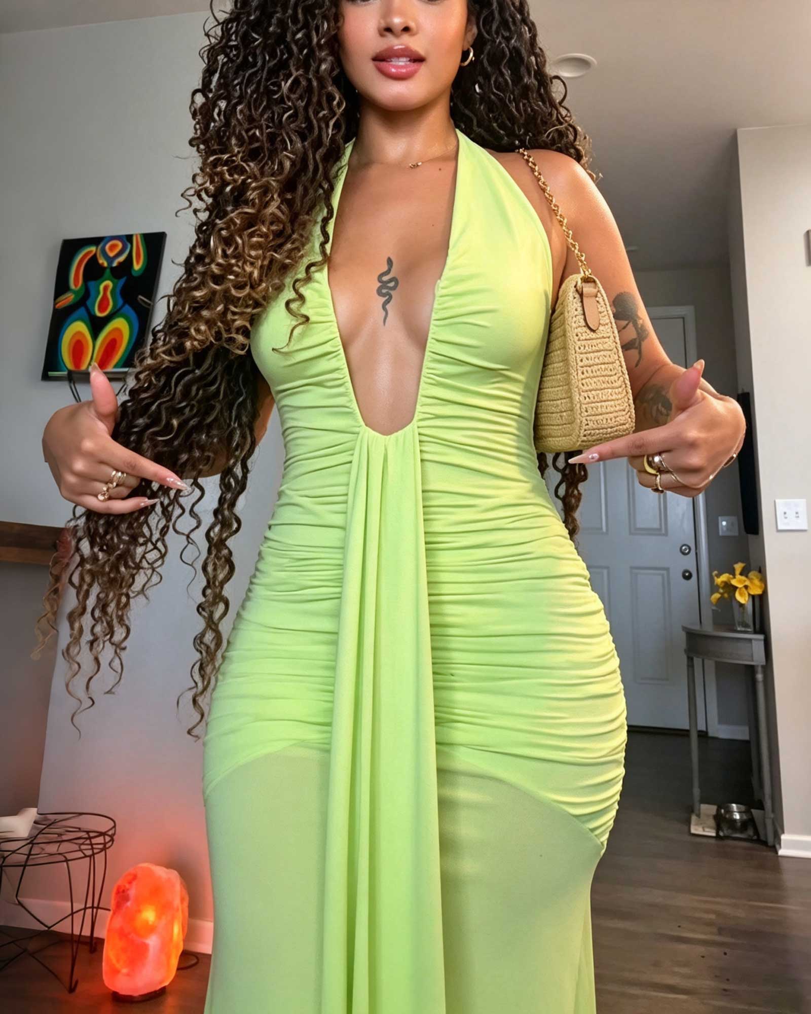 Sleeveless Deep V-Neck Draped Fitted Fishtail Maxi Dress