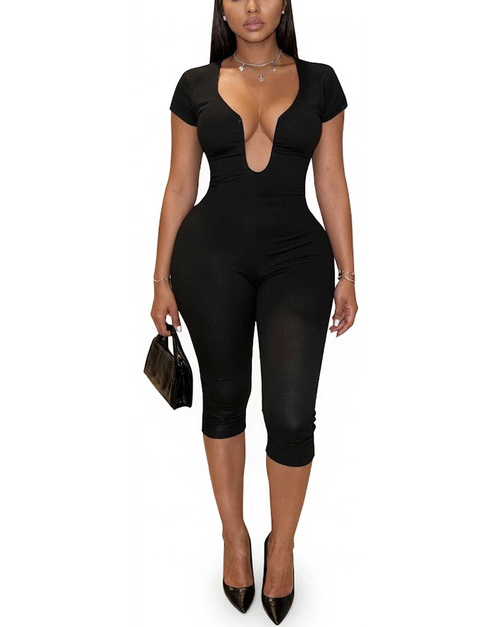 Ribbed Deep V-Neck Short Sleeved Knee Length Slim Fit Jumpsuit
