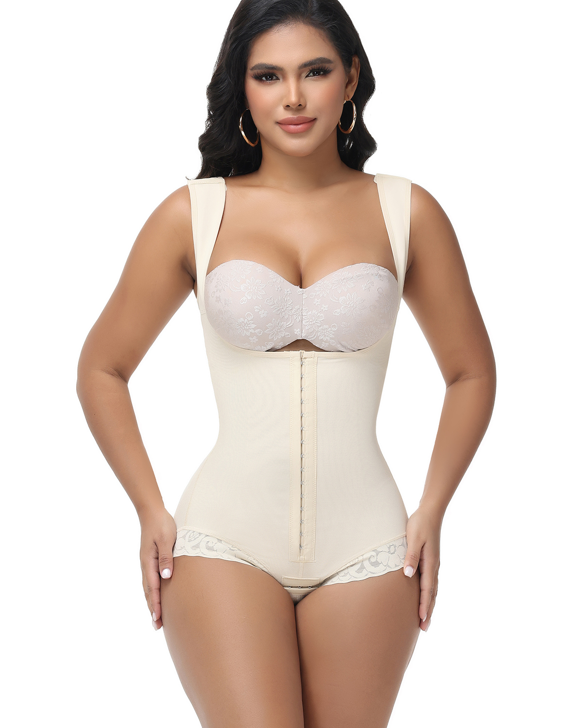 Short One-Piece Eye N Hook Shapewear With Wide Straps Tummy Control Fajas Butt-Lifting Slimming Bodysuit