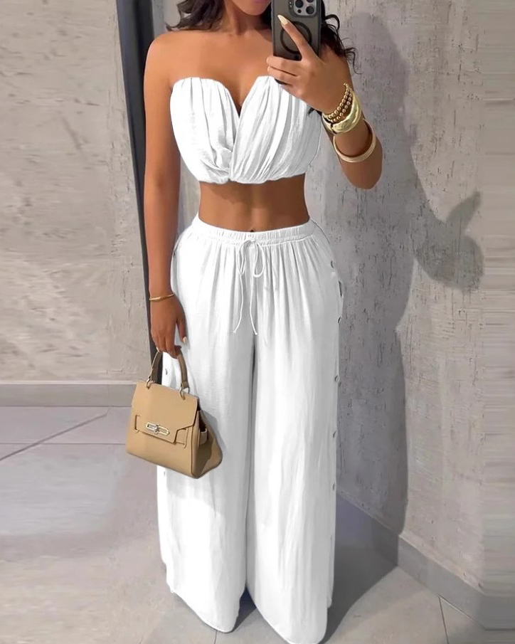 Bandeau Sleeveless Ruched Casual Two-Piece Set