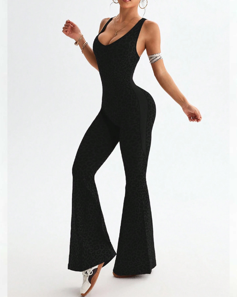 Leopard Print Criss-Cross Backless Seamless Flared Jumpsuit