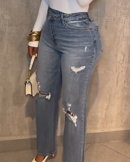 Fashion High-Waisted Oblique Buckle Ripped Skinny Jeans