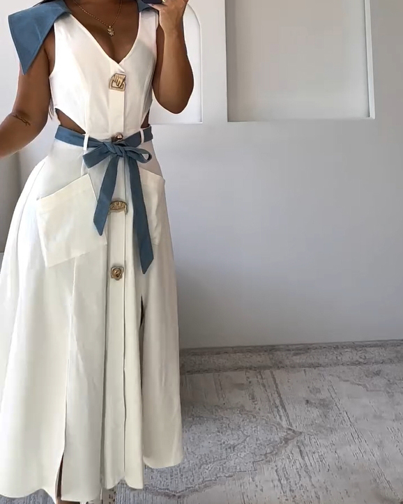 Women's Sleeveless Deep V Neck Front Split Long Maxi Wrap Dress