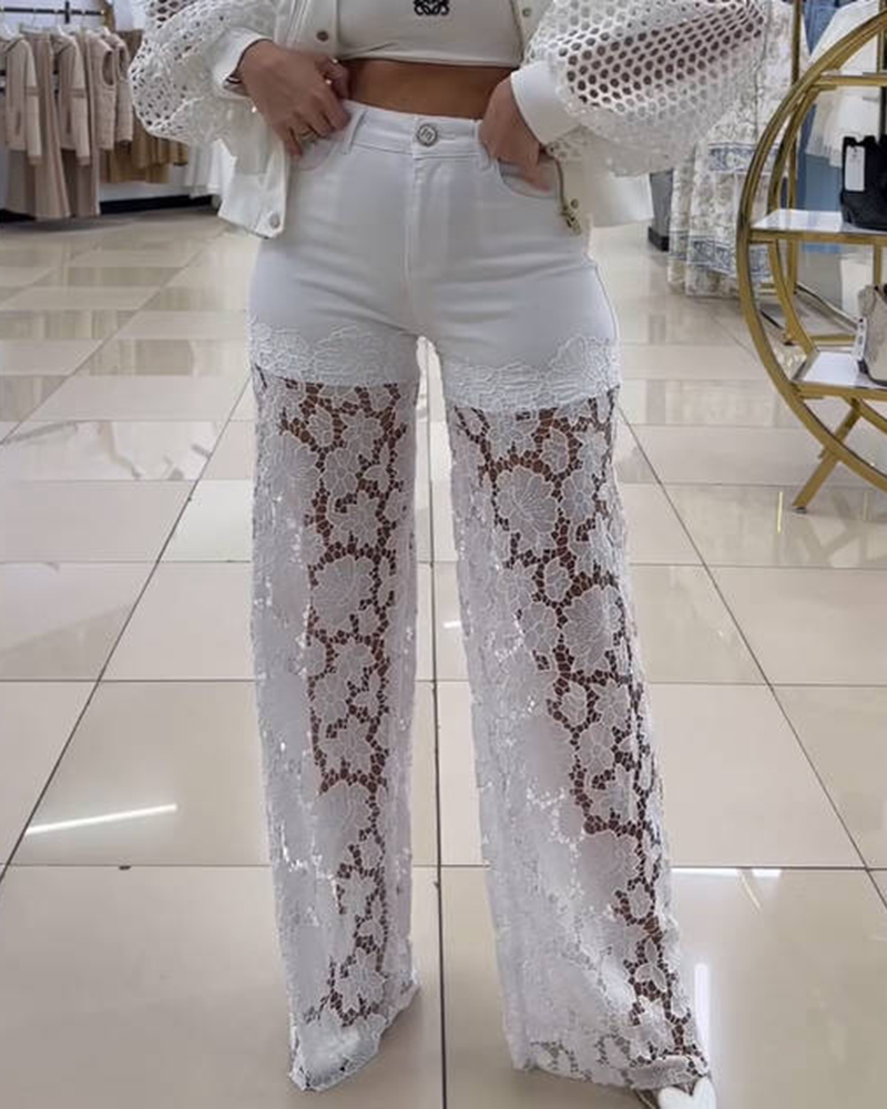 New See Through Lace Slim Straight Leg Jeans