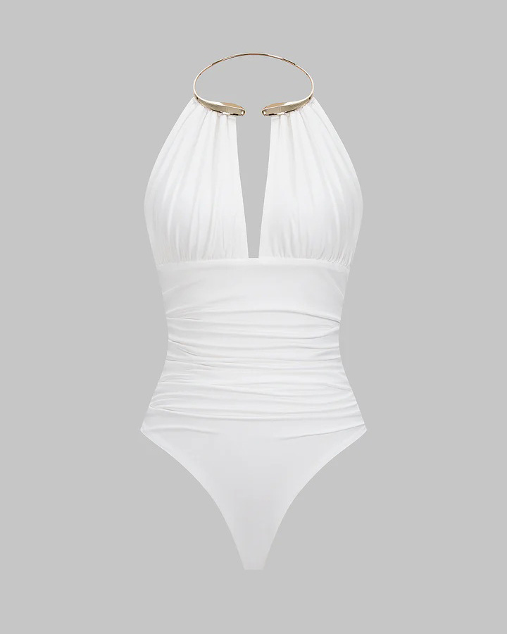 Metallic Decor Halter Neck Ruched Sleeveless Backless Bodysuit