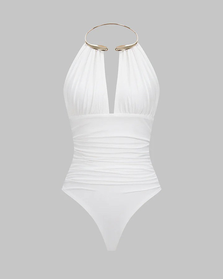 Metallic Decor Halter Neck Ruched Sleeveless Backless Bodysuit