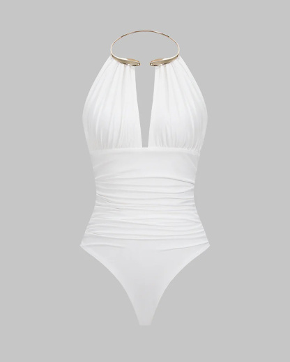 Metallic Decor Halter Neck Ruched Sleeveless Backless Bodysuit