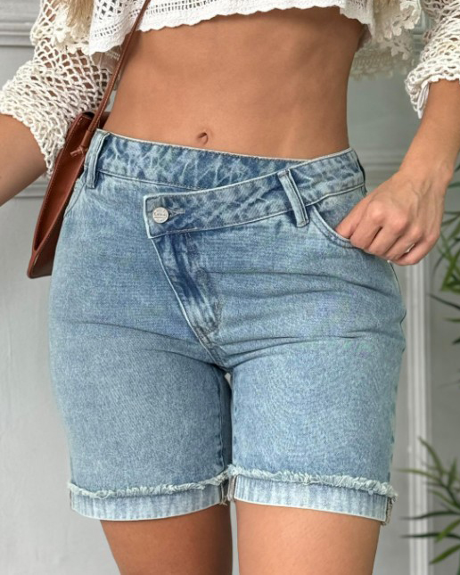 Women's Oblique Buckle High Waist Denim Shorts