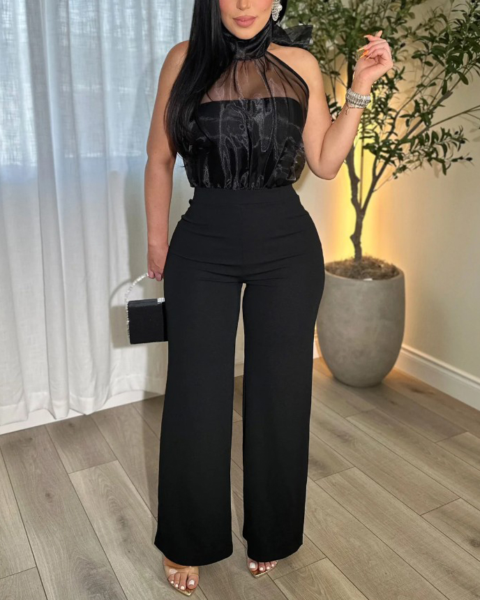 Sexy Sleeveless Mesh Halter Neck Bodycon Jumpsuit