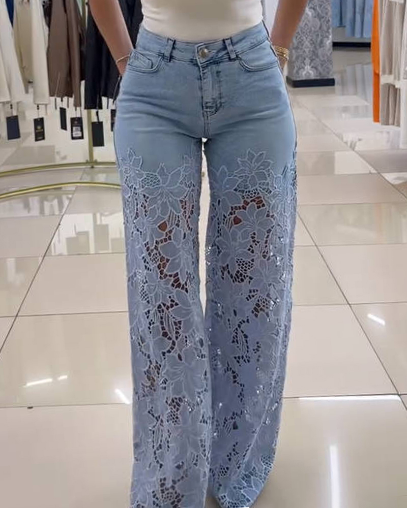 New See Through Lace Slim Straight Leg Jeans (Pre Sale)