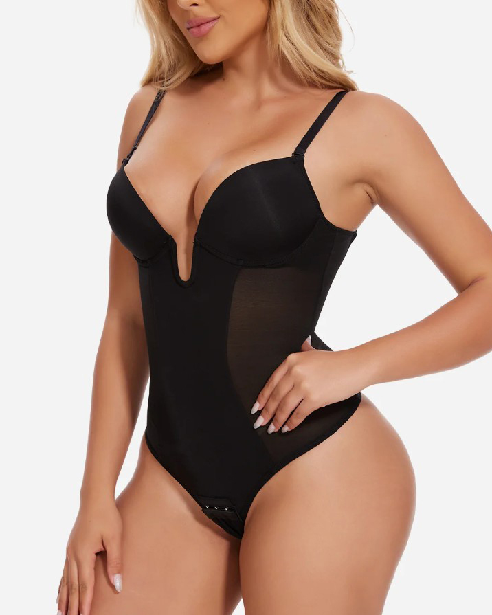 Deep V-Neck Backless Mesh Slimming Thong Bodysuit