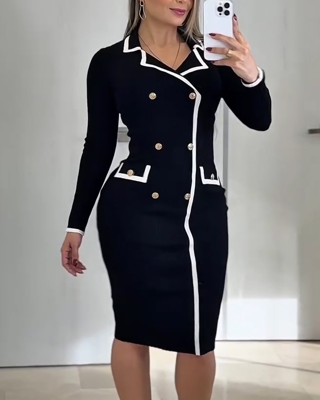 Color-Blocked Knit Long-Sleeved Bodycon Dress
