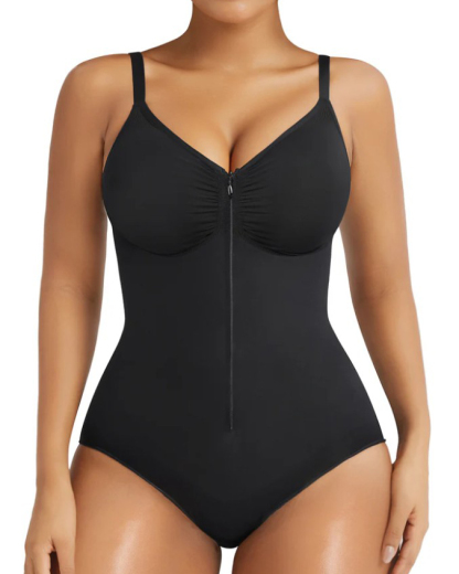 Seamless Ribbed Front Zipper Slim Tummy Control Bodysuit