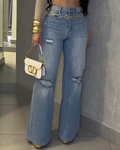 Women's High-Stretch Ripped Wide-Leg Jeans