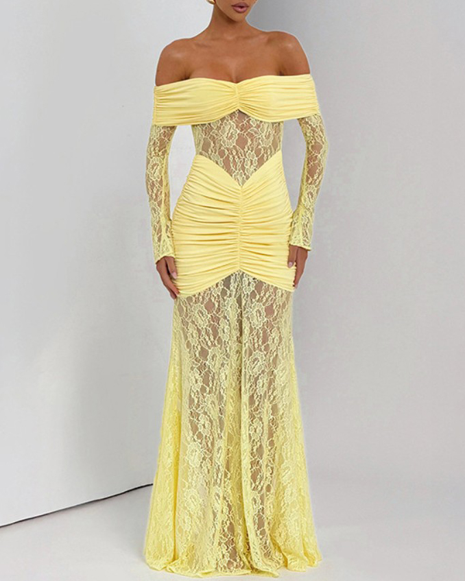 Sexy Lace Off-Shoulder Slit Long-Sleeved Dress