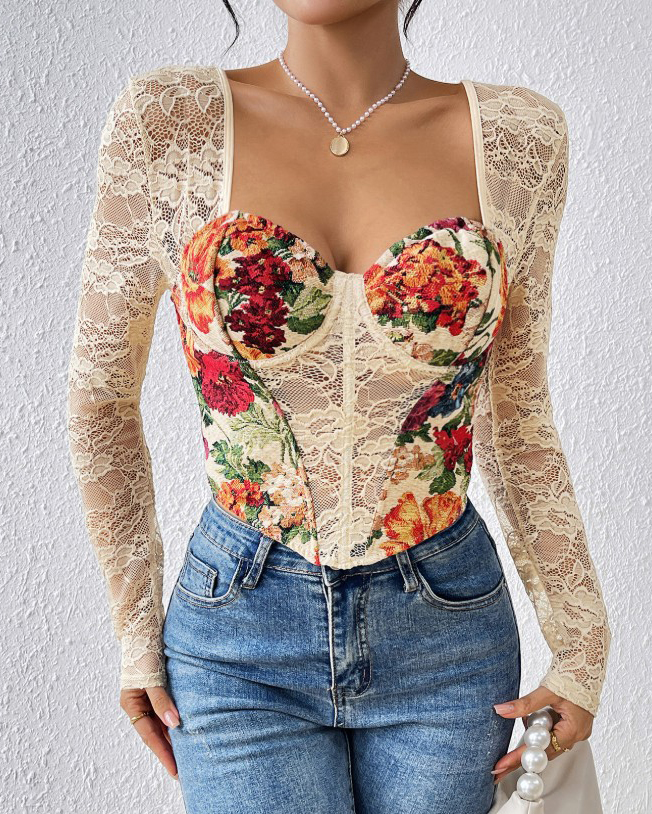 Sexy Printed Lace Panel Long Sleeve Corset Top