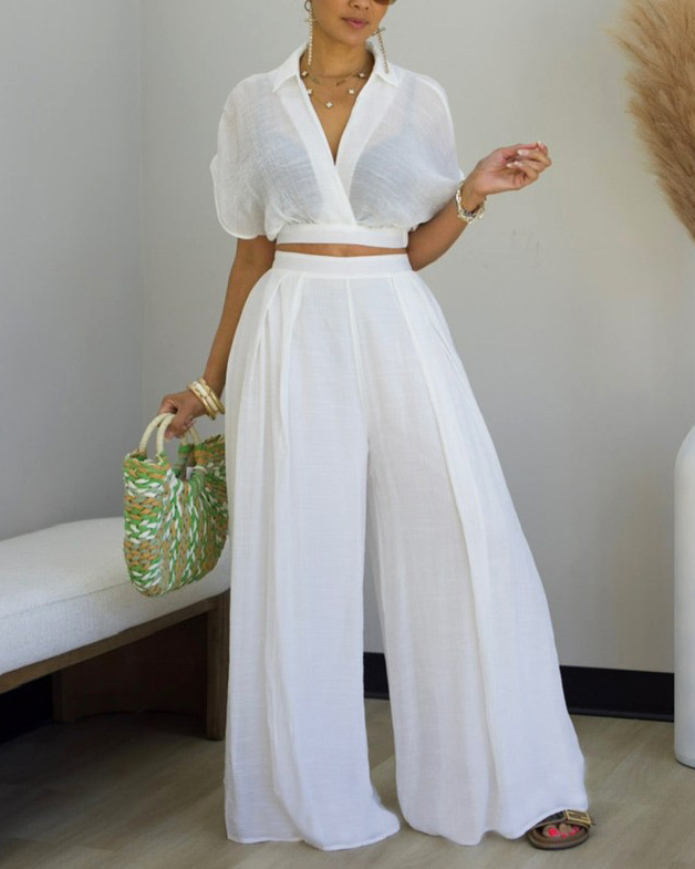 Casual Lapel Cropped Top Wide Leg Pants 2-Piece Set