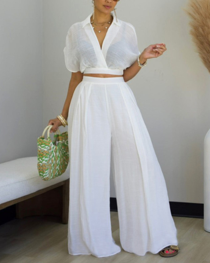 Casual Lapel Cropped Top Wide Leg Pants 2-Piece Set