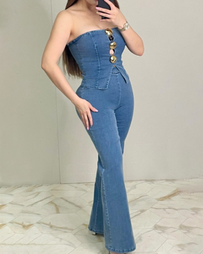 Sleeveless Slim Fit Fashion Denim 2-Piece Set