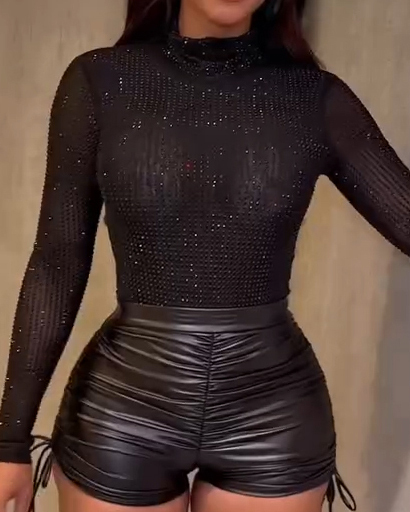 Women's Shiny Rhinestone Stand Collar Bodysuit