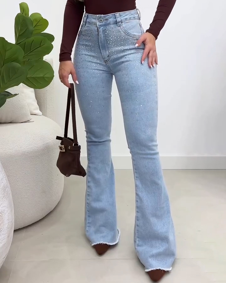 High Waist Fashion Rhinestone Flared Jeans