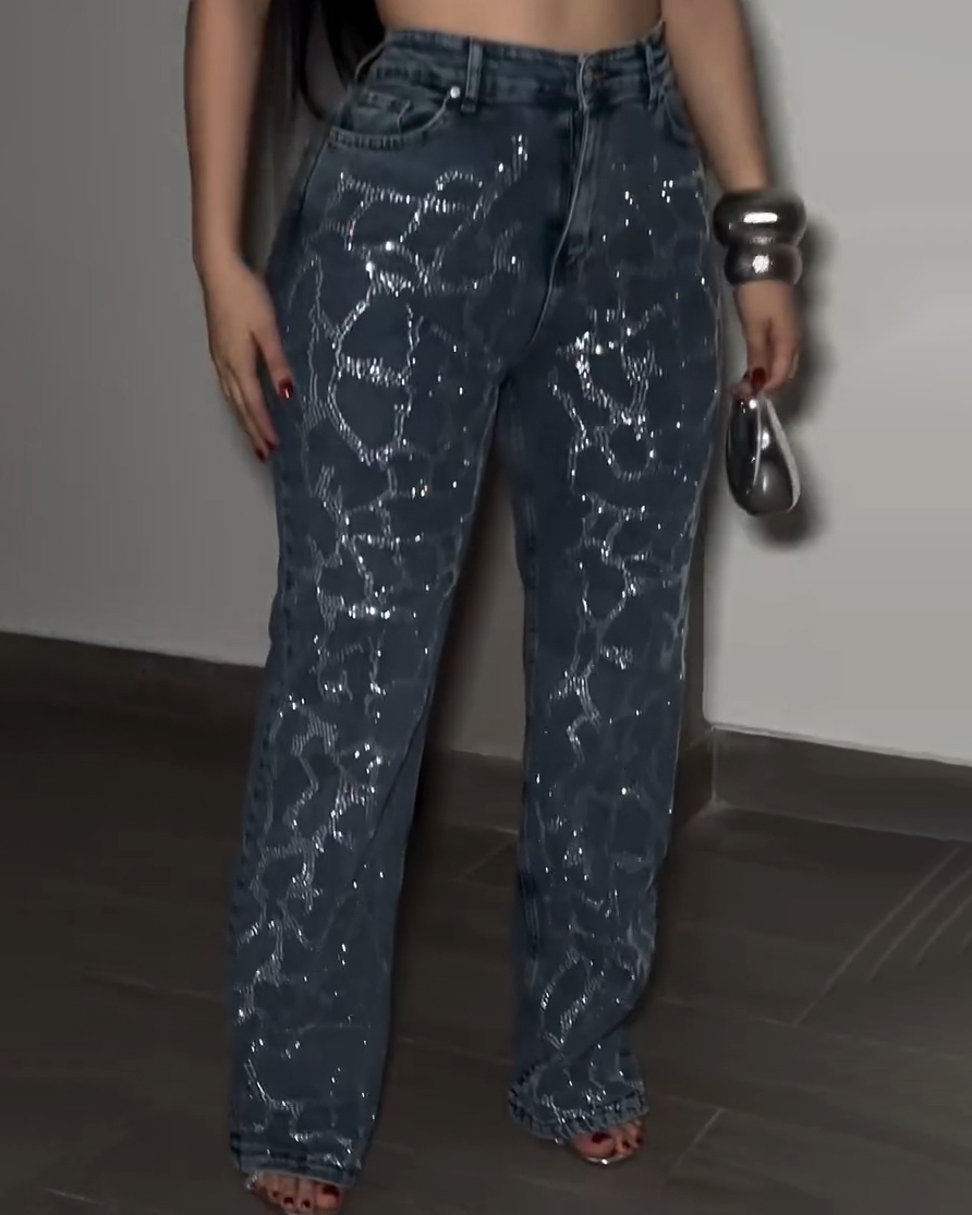 Fashionable Rhinestone Straight Leg Jeans