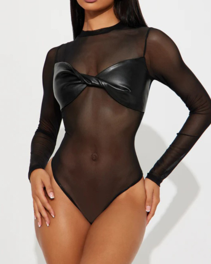 Sexy Sheer Mesh Leather Long-Sleeved Bodysuit