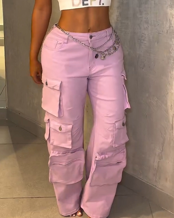 Women's Cargo Style Multi-Pocket Wide-Leg Jeans