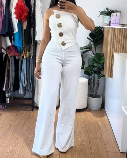 Sexy Tube Top Button-Decorated Flared Jumpsuit