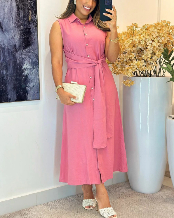 Women's Casual Sleevess Button Down Tie Waist Cotton Linen Maxi Dress