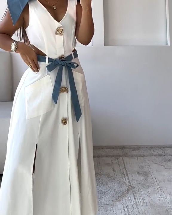 Women's Sleeveless Deep V Neck Front Split Long Maxi Wrap Dress