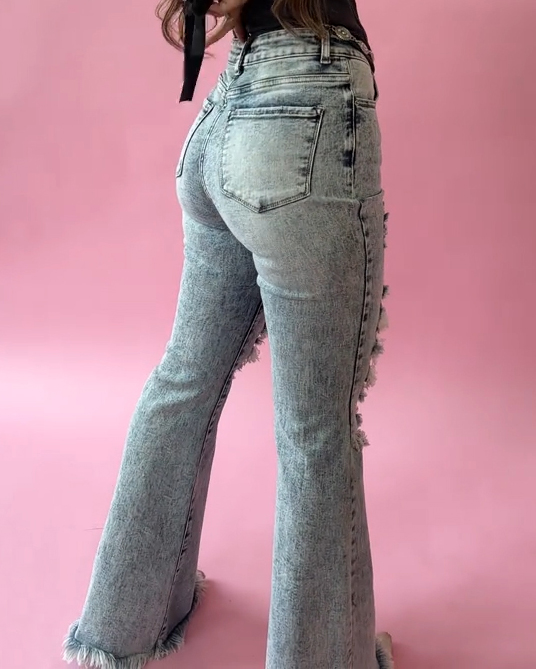 High-Waisted Slim-Fitting Ripped Flared Jeans
