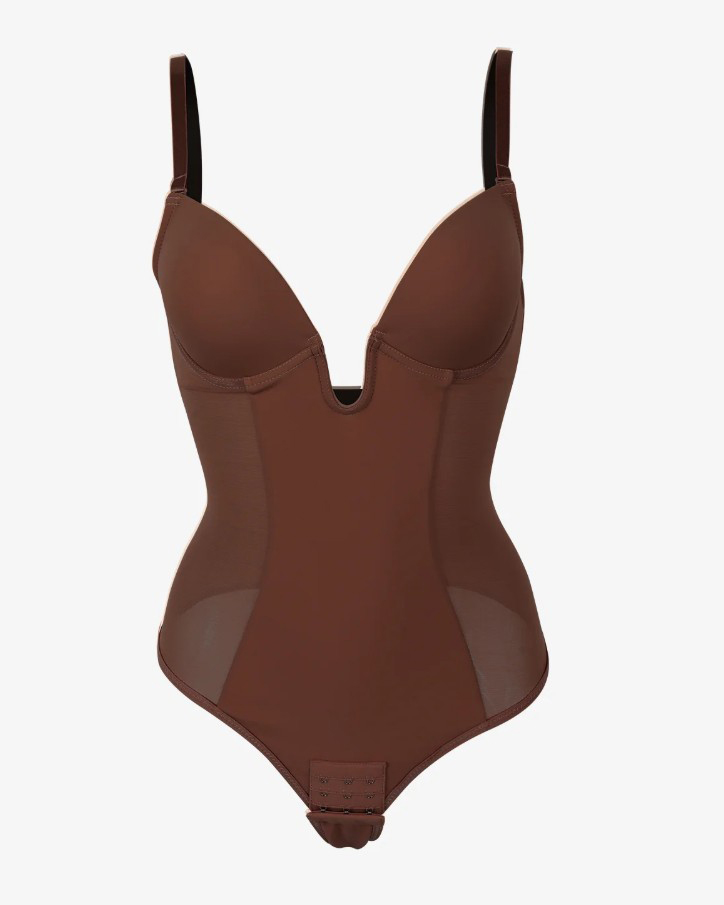 Deep V-Neck Backless Mesh Slimming Thong Bodysuit