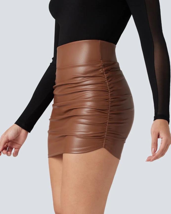 Women's Ruched 2 In 1 Leather Mini Skirt