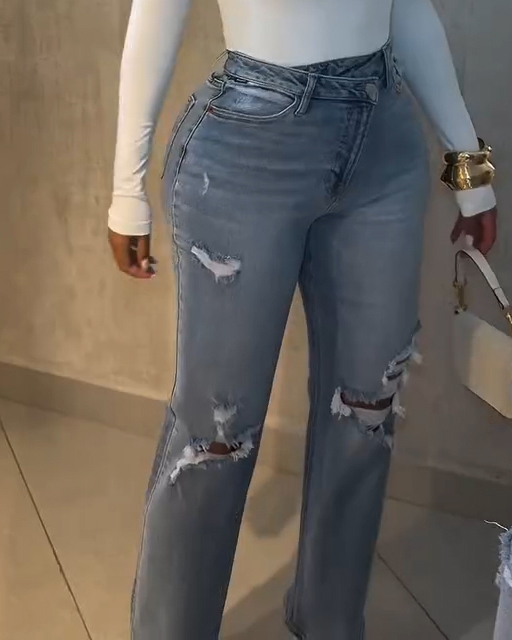 Fashion High-Waisted Oblique Buckle Ripped Skinny Jeans