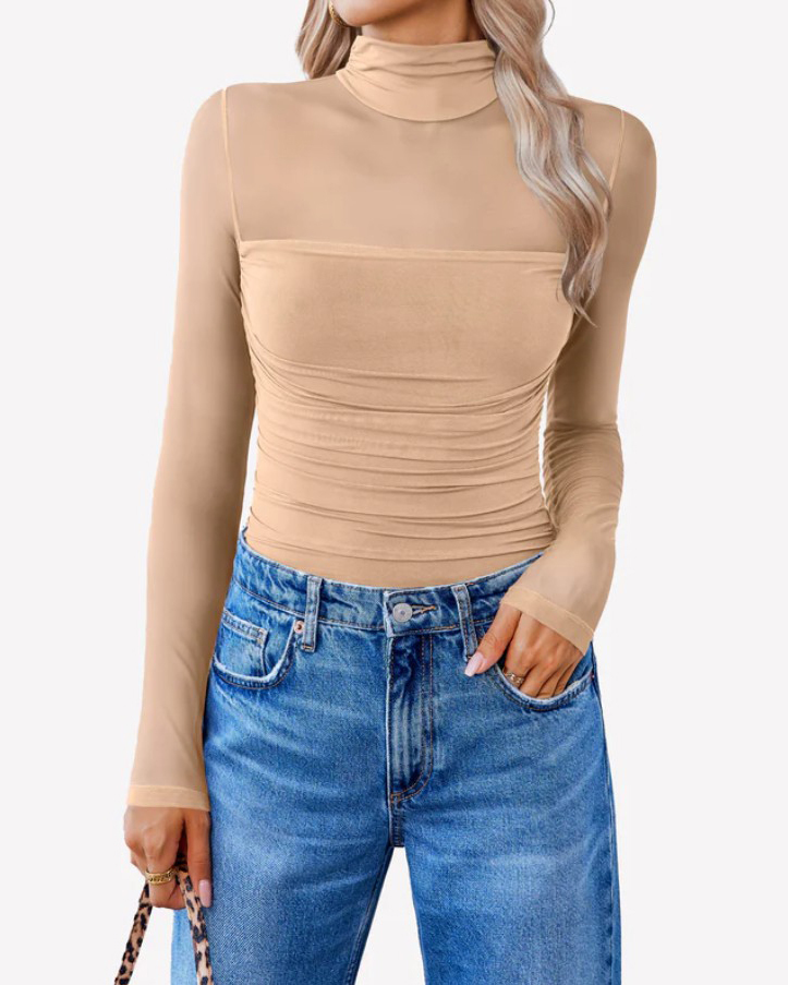 Ruched Sheer Mesh Slimming Shapewear Thong Bodysuit