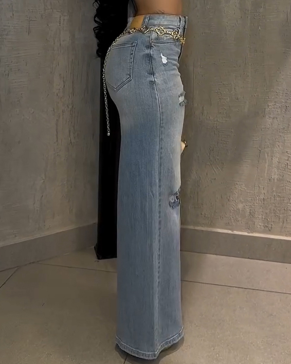 Women's High-Stretch Ripped Wide-Leg Jeans