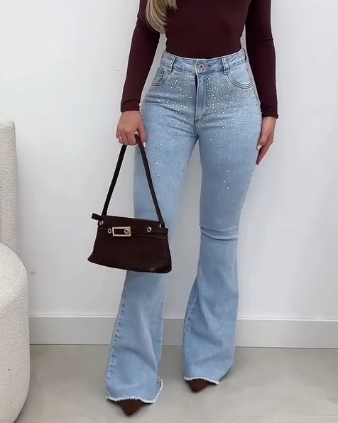 High Waist Fashion Rhinestone Flared Jeans