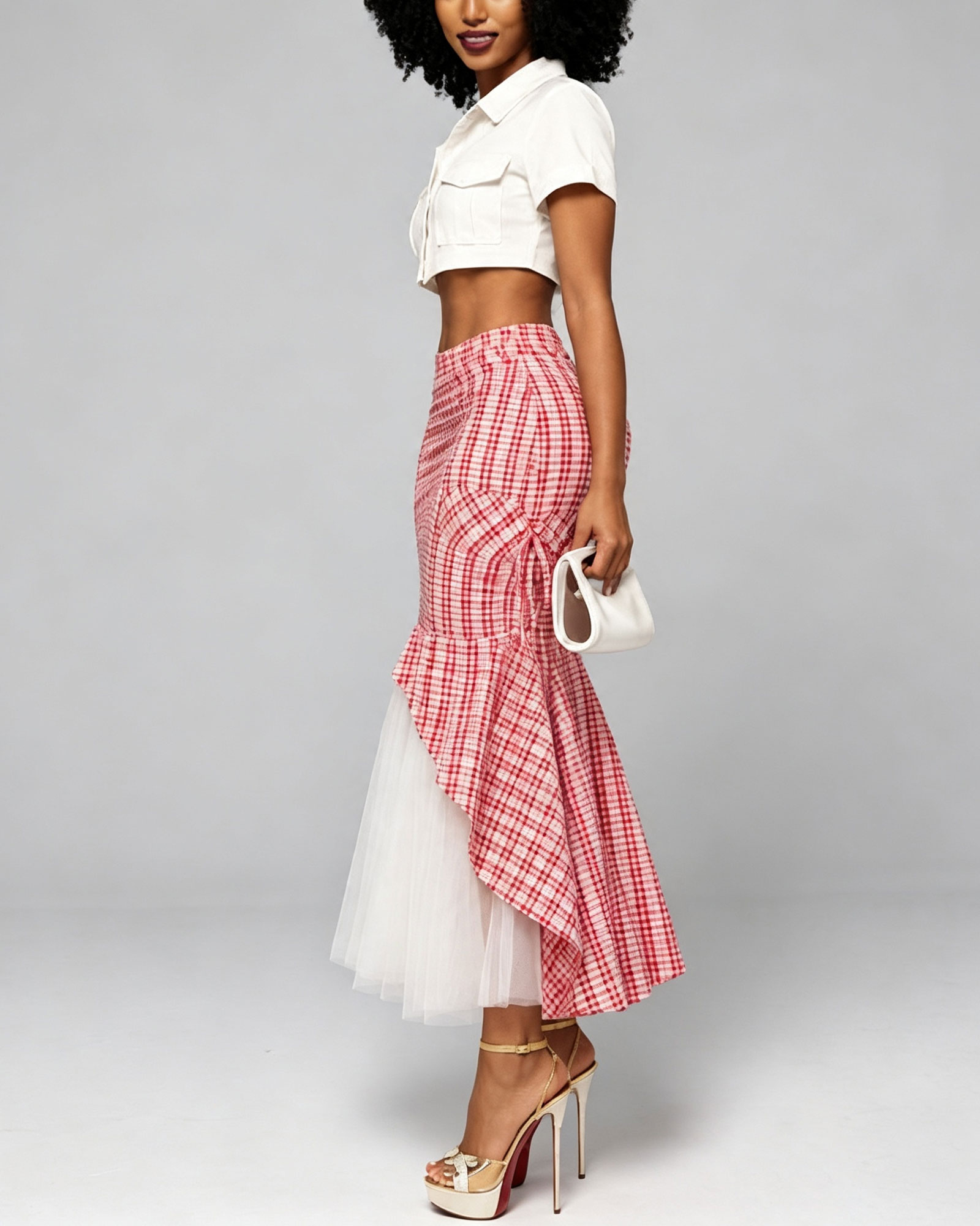 Irregular Plaid Skirt With Lace Splicing