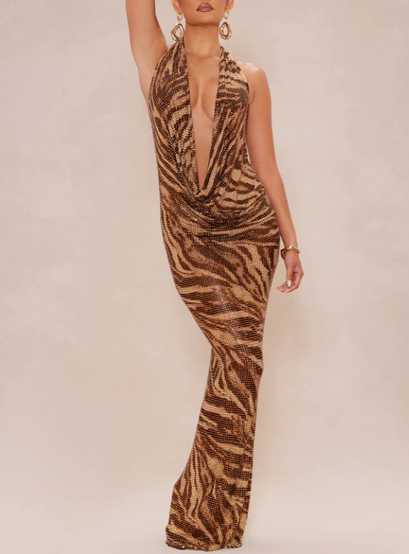 Tiger Print Halter Neck Sequin Open Back Bodycon Maxi Dress