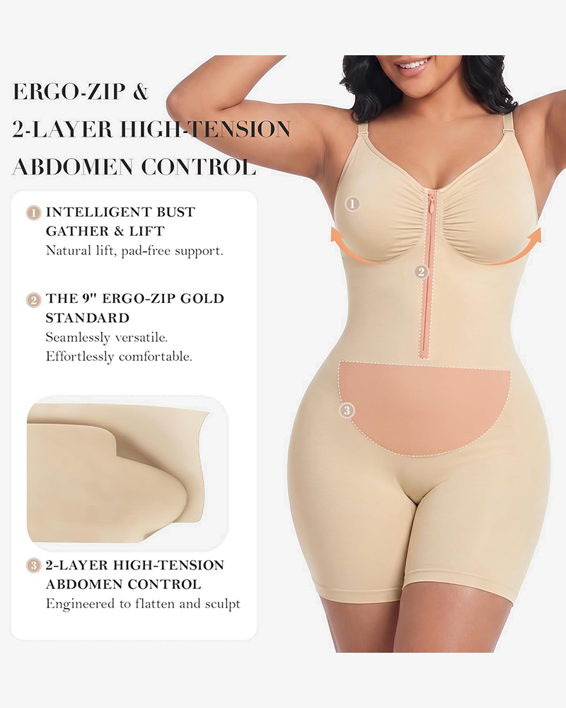 Double-Layer Tummy Control Faja Bodysuit Front Zipper Butt Lifting Body Shaper