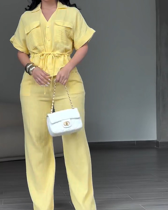Women's 2 Piece Linen Outfits Short Sleeve Drawstring  Shirts and Wide Leg Pants With Pockets