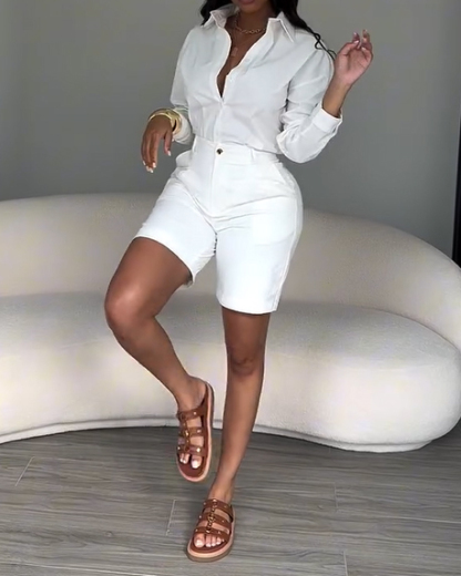 2 Piece Sets For Women Elegant Button-Down Shirt Paired with Tailored Bermuda Shorts