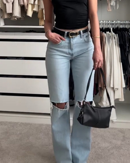 Womens High Waist Stretchy Ripped Distressed Tummy Control Straight Jeans