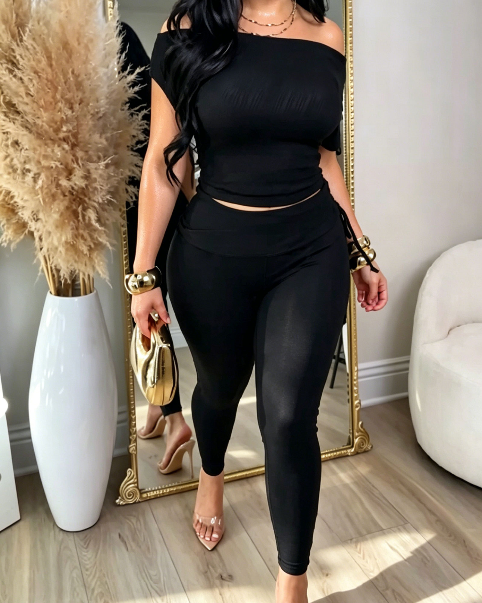Ribbed Off-Shoulder Top & High-Waisted Leggings Two-Piece Set